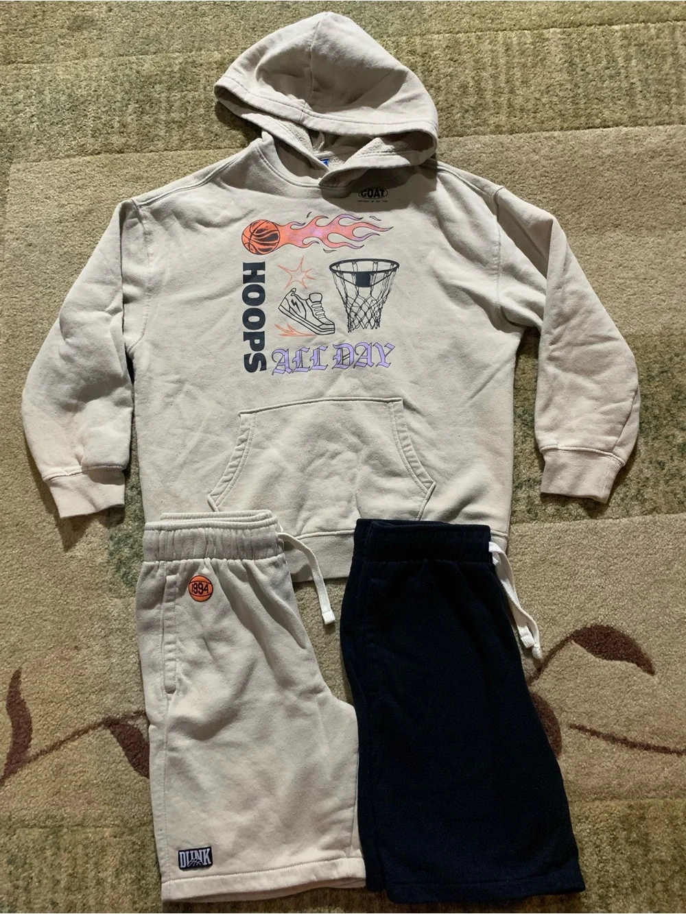 Old Navy Beige Graphic Hoodie with Beige & Black Shorts